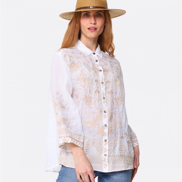 Johnny Was Tops - Johnny Was Devere Kimono Sleeve 100% Ramie embroidered button down blous…